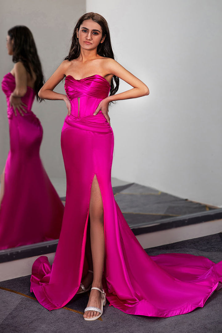 Fuchsia Strapless Ruched Prom Dress