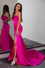 Load image into Gallery viewer, Fuchsia Strapless Ruched Prom Dress
