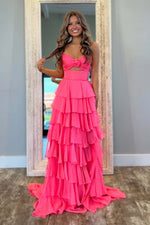 Load image into Gallery viewer, Strapless Tiered Ruffle Slit Prom Dress with Keyhole
