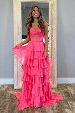 Load image into Gallery viewer, Strapless Tiered Ruffle Slit Prom Dress with Keyhole
