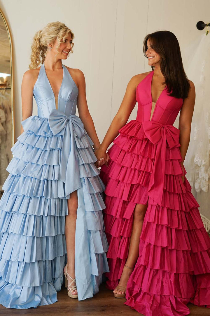 A-Line Halter Tiered Slit Prom Gown with Bow