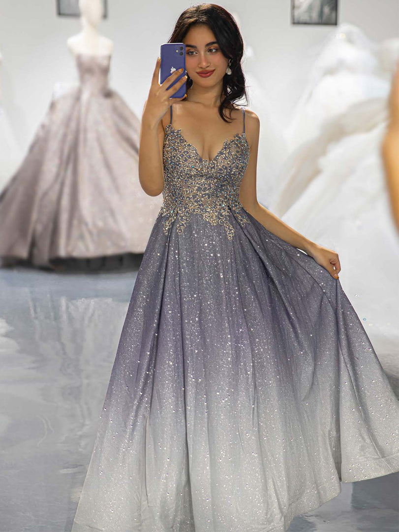 Gradient Glitter Beaded Prom Dress