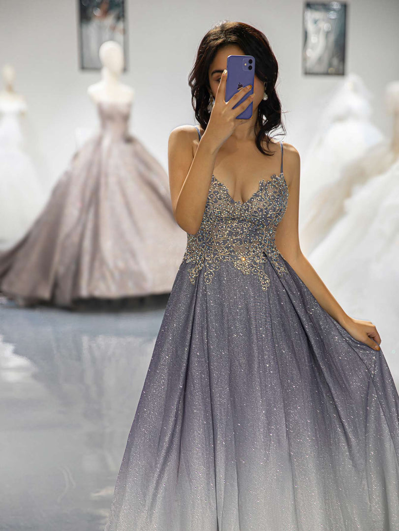 Gradient Glitter Beaded Prom Dress