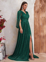 Load image into Gallery viewer, Shawl Sequin Slit Formal Dress
