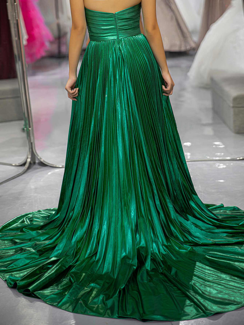 Halter Green Metallic Slit Prom Dress