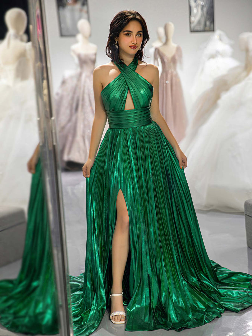 Halter Green Metallic Slit Prom Dress