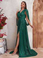 Load image into Gallery viewer, Shawl Sequin Slit Formal Dress
