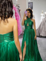 Load image into Gallery viewer, Halter Green Metallic Slit Prom Dress
