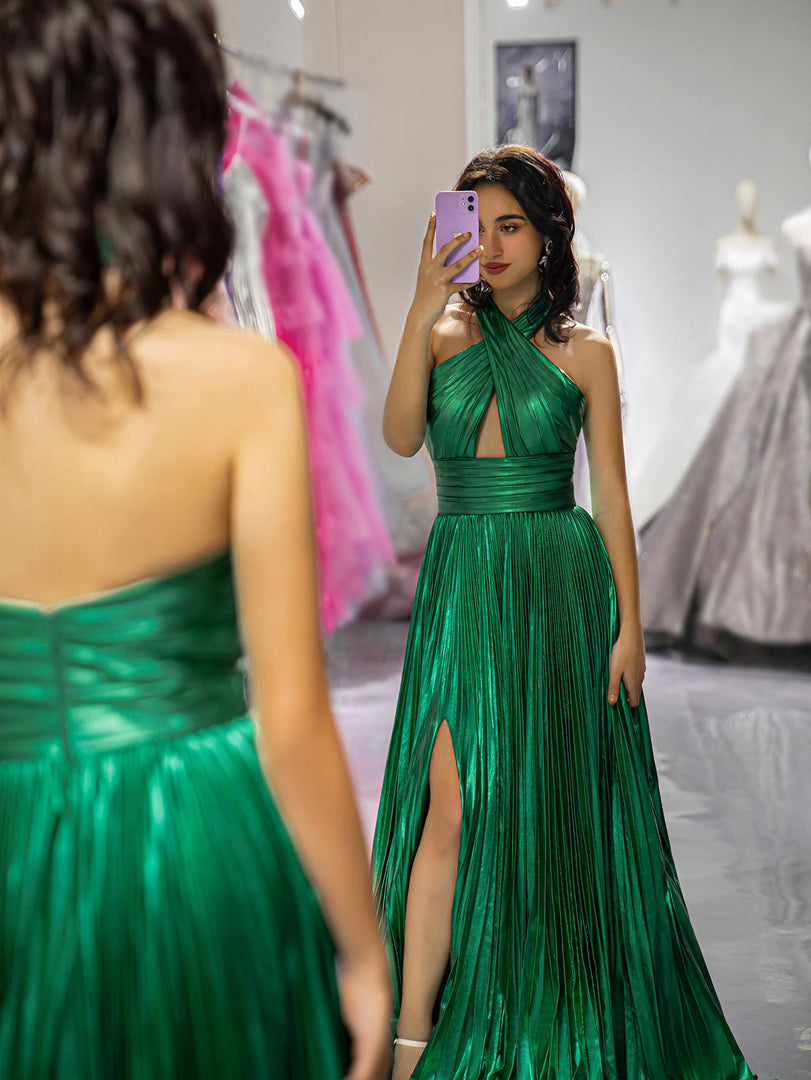 Halter Green Metallic Slit Prom Dress