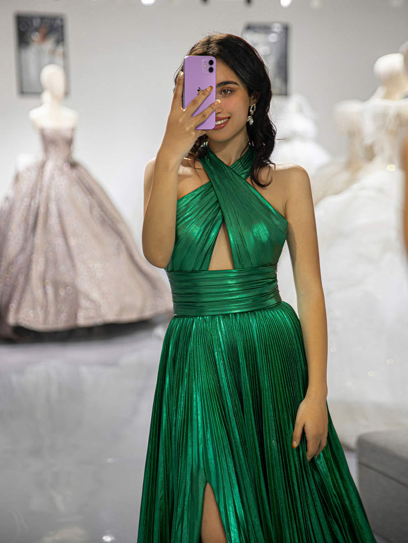 Halter Green Metallic Slit Prom Dress