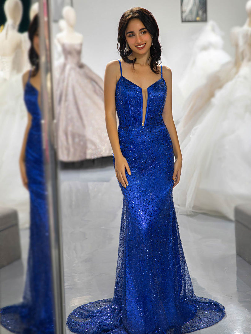 Royal Blue Sequin Beaded Prom Dress