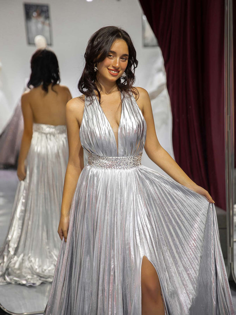 Silver Metallic Open Back Prom Dress