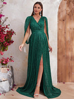 Load image into Gallery viewer, Shawl Sequin Slit Formal Dress
