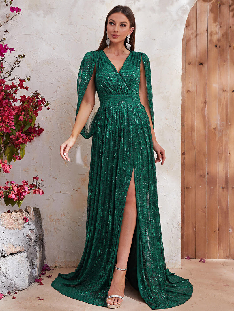 Shawl Sequin Slit Formal Dress