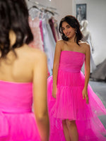 Load image into Gallery viewer, Pink Tiered Long High Low Strapless Prom Dress
