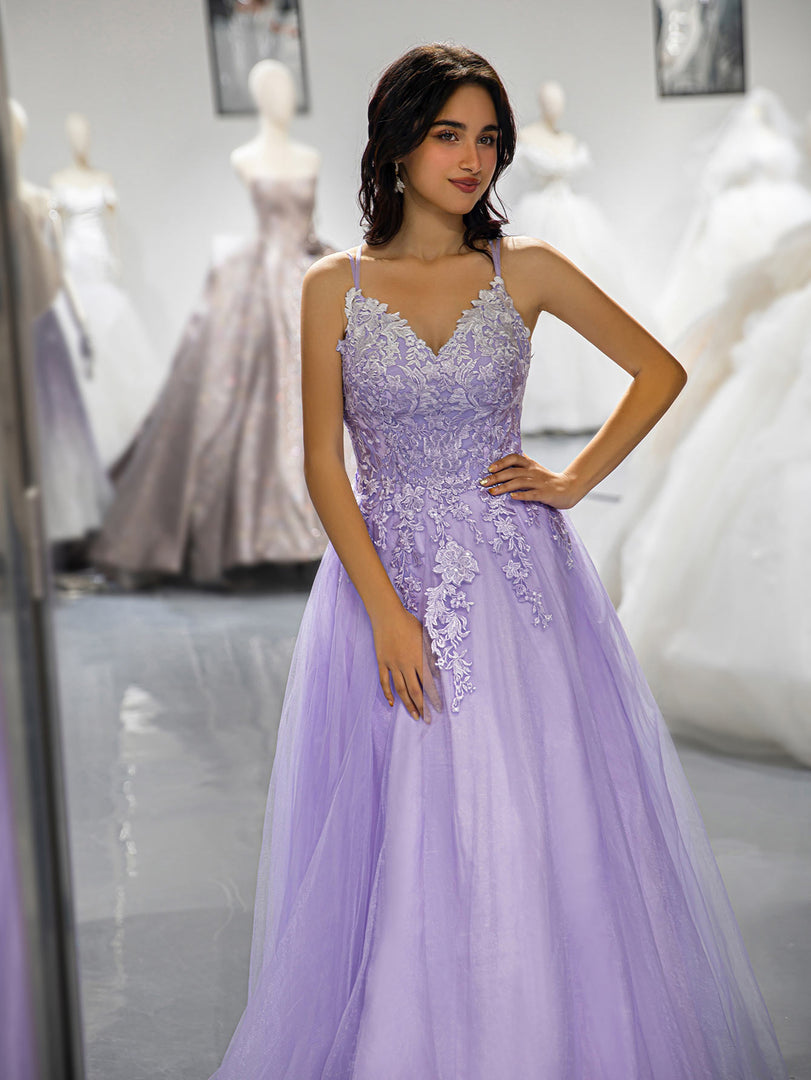 A-Line Lilac Applique Prom Dress