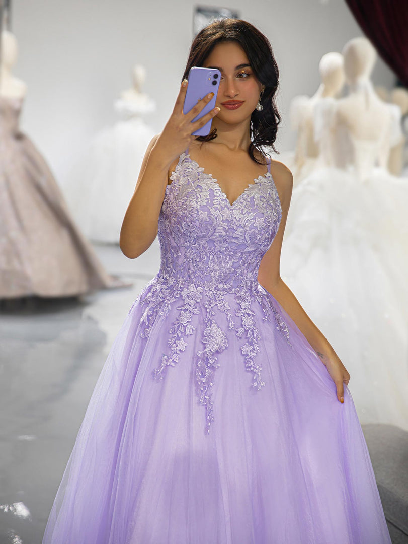 A-Line Lilac Applique Prom Dress