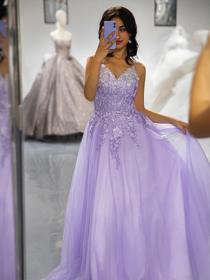 A-Line Lilac Applique Prom Dress