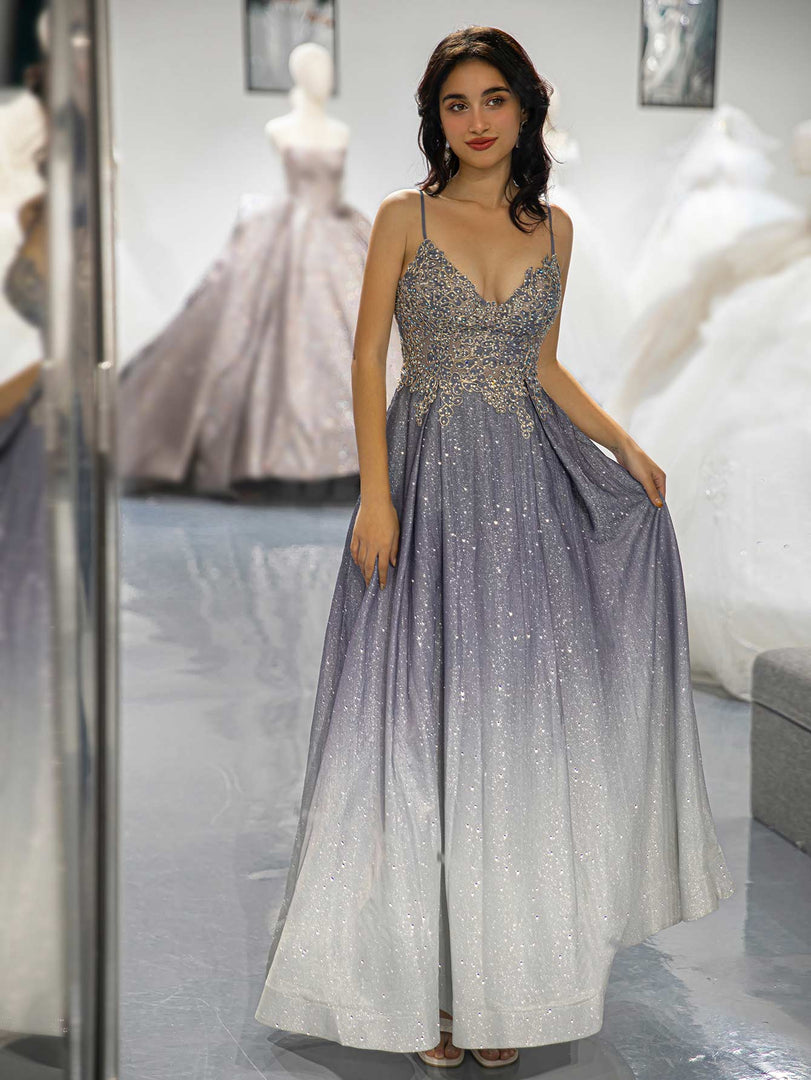 Gradient Glitter Beaded Prom Dress