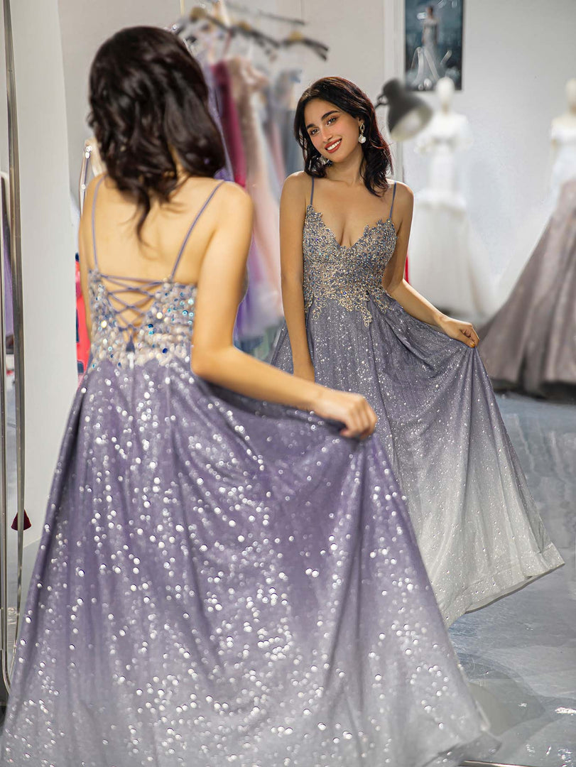 Gradient Glitter Beaded Prom Dress