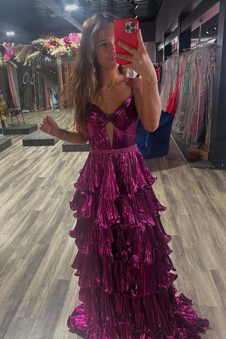 Purple Ruffle Pleated Prom Dress