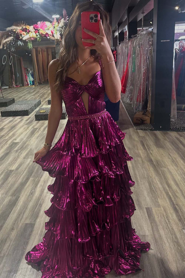 Purple Ruffle Pleated Prom Dress