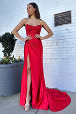 Load image into Gallery viewer, Strapless Corset Beaded Prom Dress with Slit
