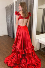 Load image into Gallery viewer, Ruffle Slit Satin Open Back Prom Dress
