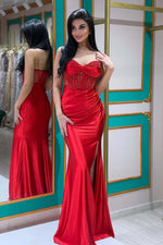 Load image into Gallery viewer, Strapless Side Slit Sheer Corset Bodice Prom Dress with Beads
