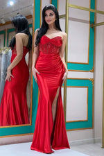 Load image into Gallery viewer, Strapless Side Slit Sheer Corset Bodice Prom Dress with Beads
