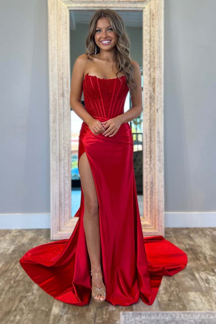 Strapless Corset Bodice Prom Dress with High Slit