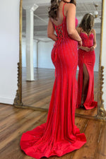 Load image into Gallery viewer, Beaded Red Prom Dress with Slit
