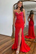 Load image into Gallery viewer, Beaded Red Prom Dress with Slit
