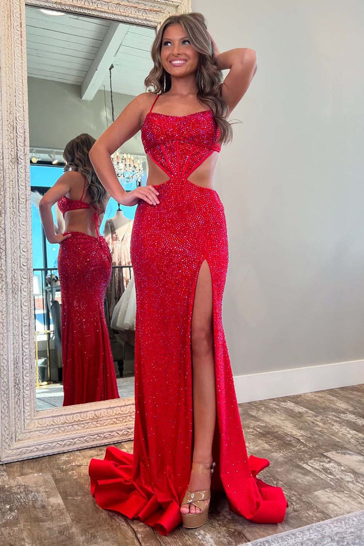 Cutout Beads Slit Open Back Prom Dress