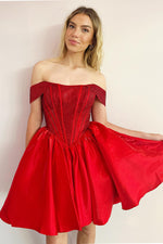 Load image into Gallery viewer, Red Off the Shoulder Corset Homecoming Dress
