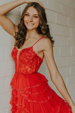 Load image into Gallery viewer, Ruffle Slit Red Prom Dress
