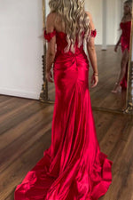 Load image into Gallery viewer, Off the Shoulder Red Prom Dress with Side Slit
