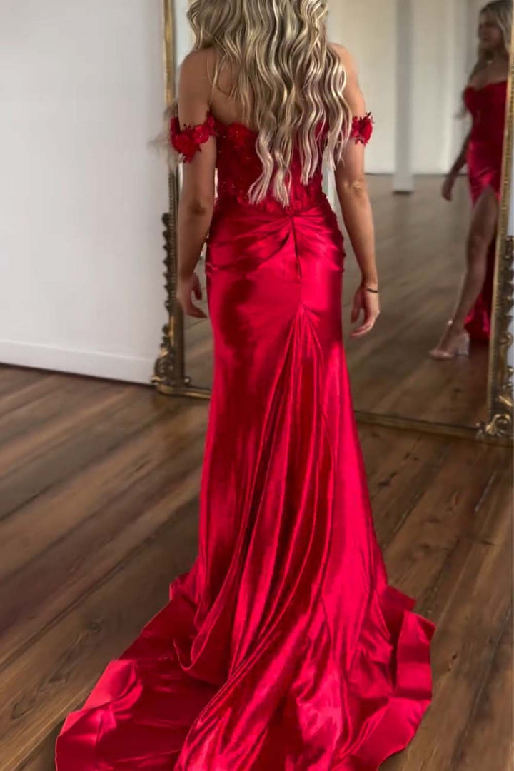 Off the Shoulder Red Prom Dress with Side Slit