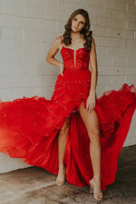 Load image into Gallery viewer, Ruffle Slit Red Prom Dress
