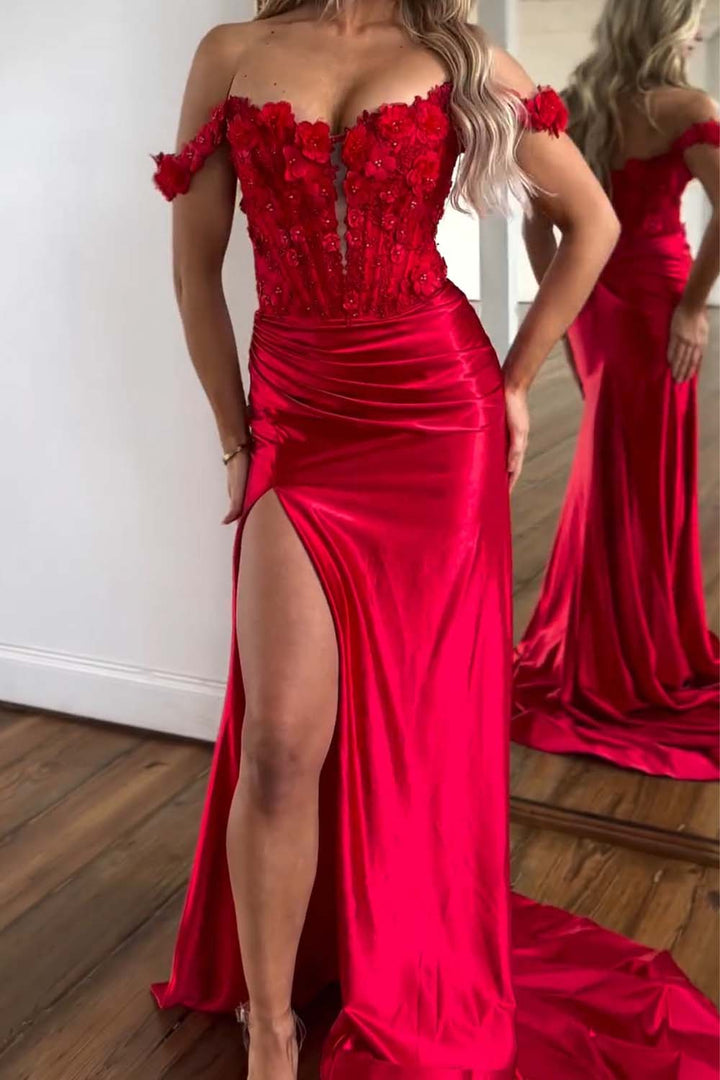 Off the Shoulder Red Prom Dress with Side Slit