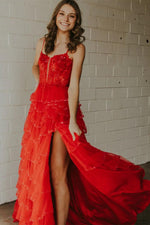 Load image into Gallery viewer, Ruffle Slit Red Prom Dress
