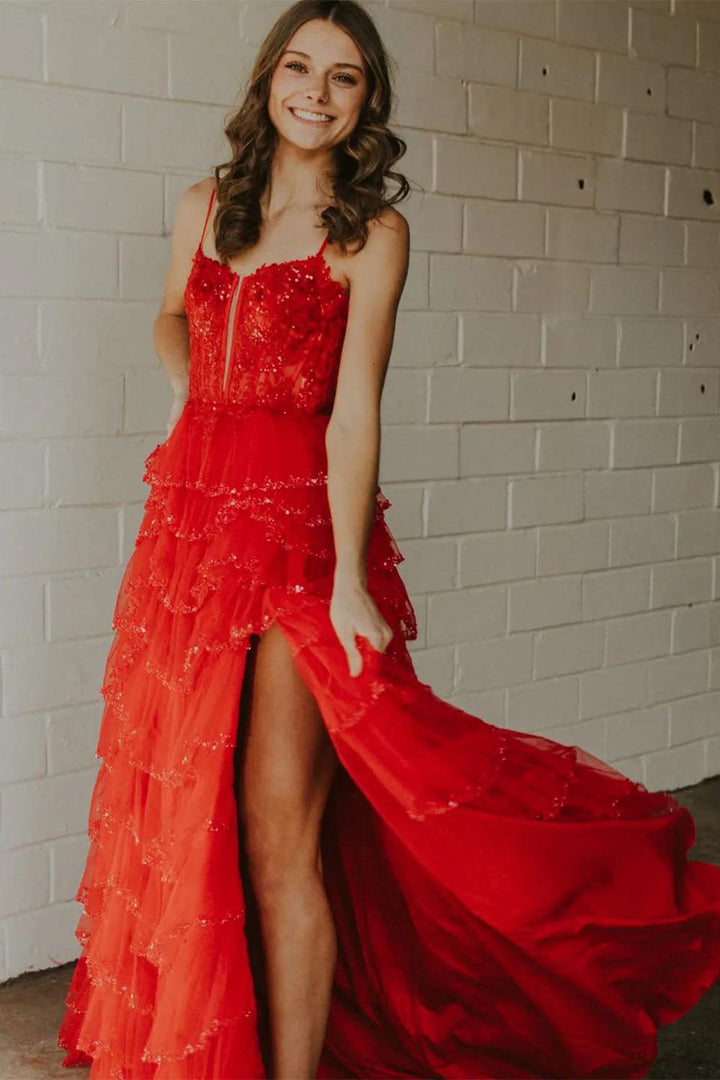 Ruffle Slit Red Prom Dress