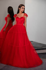 Load image into Gallery viewer, Red Prom Dress with Bow Ties on Straps
