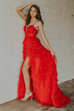 Load image into Gallery viewer, Ruffle Slit Red Prom Dress
