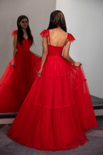 Load image into Gallery viewer, Red Prom Dress with Bow Ties on Straps
