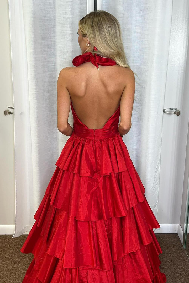 Halter Ruffle Backless Prom Dress