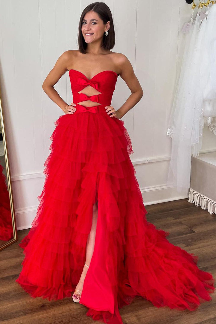 Ruffle Strapless Prom Dress with Keyholes