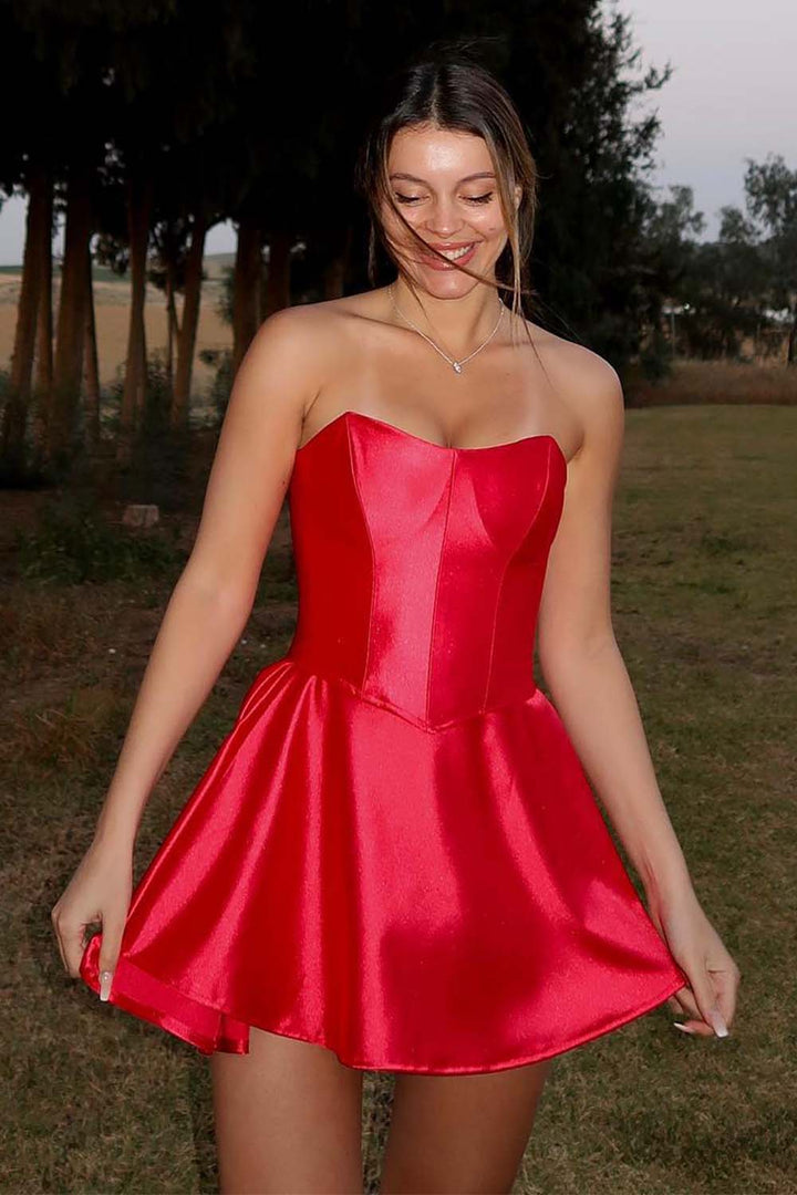 Red Corset Bodice Strapless Homecoming Dress
