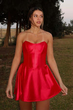 Load image into Gallery viewer, Red Corset Bodice Strapless Homecoming Dress
