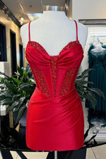 Load image into Gallery viewer, Corset Ruched Mini Homecoming Dress with Beads
